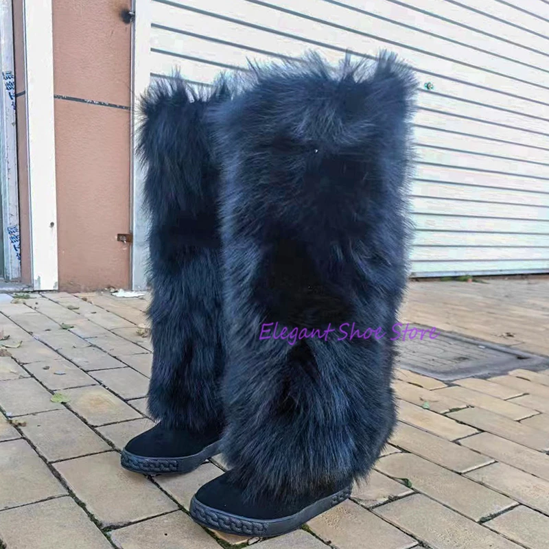 

Winter Fox Fur Women Long Boots Platform White Black Suede Wedge Knee High Boots 8cm Inner Height Increased Warm Snow Booties