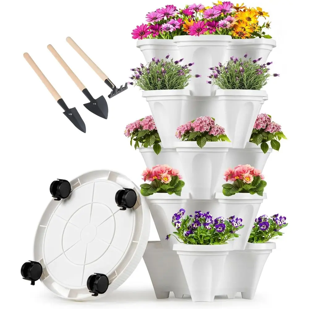 

5-ярусная многоярусная садовая кашпо-ящица на колесиках с инструментами, подходит для трав и овощей - для дома и улицы, белая