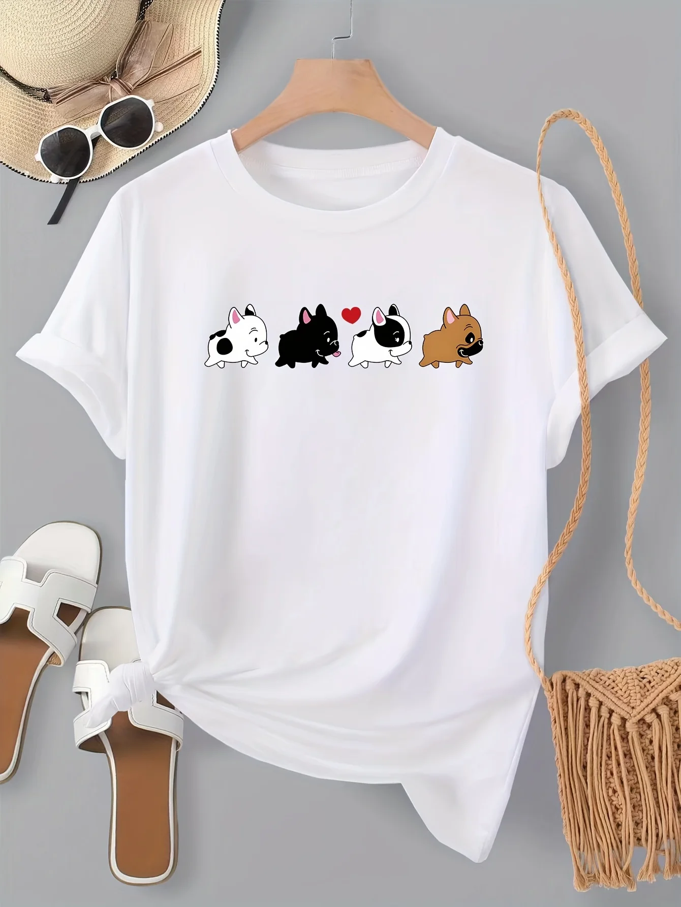 

Cartoon Dog Print Crew Neck T-shirt, Short Sleeve Casual Top For Spring & Summer, Women's Clothing