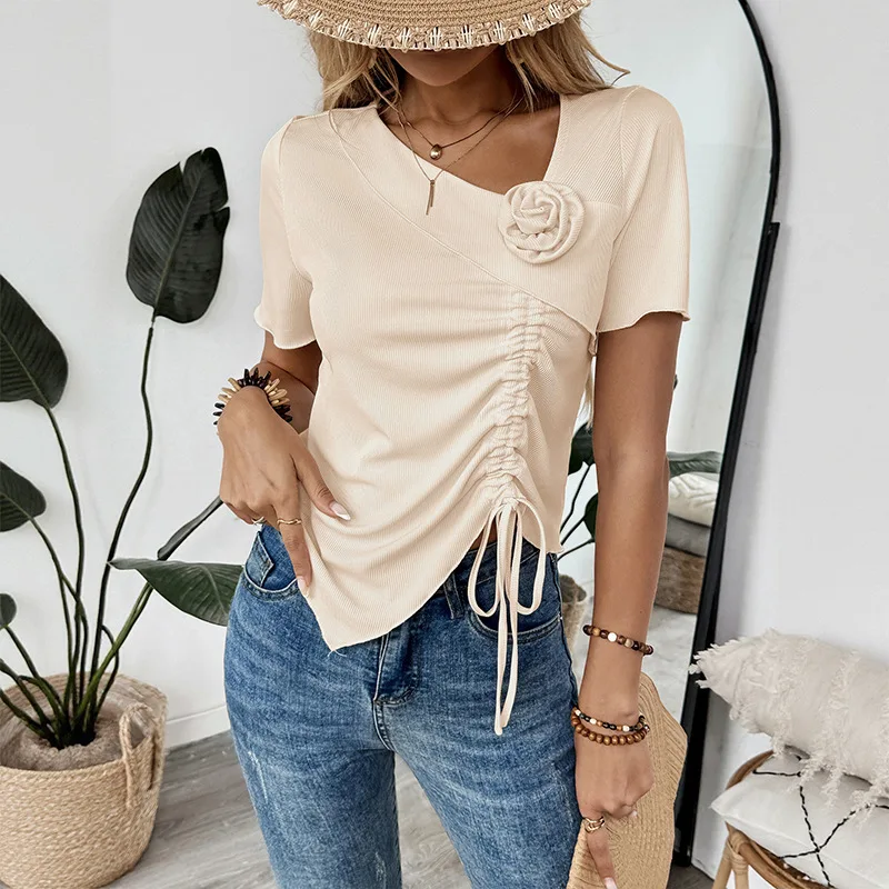 

T Shirts Women Tops Irregular V Neck Short Sleeve Top Tees Floral Y2k Streetwear Elegant Drawstring Simple Casual 2025 T-Shirts