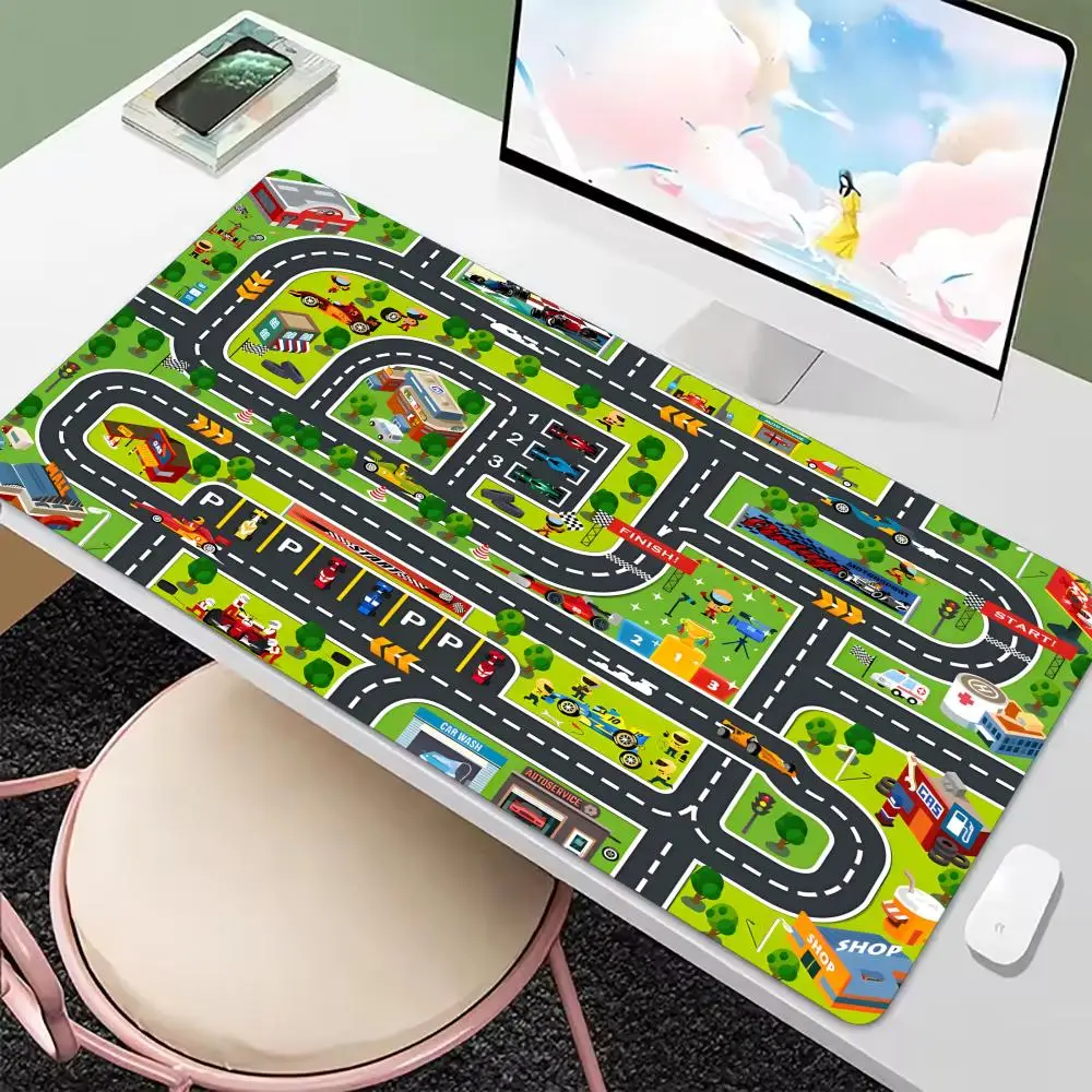 Vibrant Cartoon Town Street Scene Playmat Busy Roads Buildings Vehicles XXL Mousepad Computer Desk Mat Soft Long Gamer Mouse