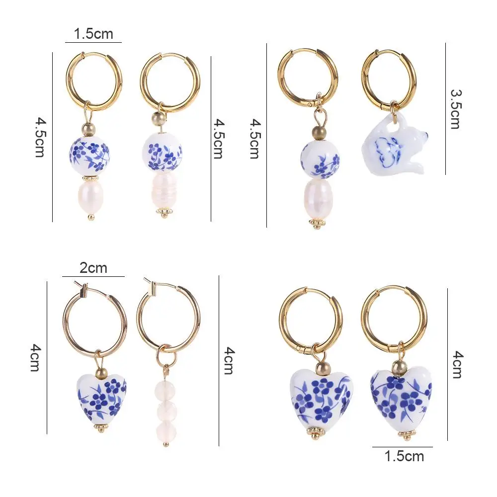 Blue and White Porcelain Glasses Fashion Design Love Heart Women Hoop Earrings Ear Buckle Korean Jewelry Accessories Alloy