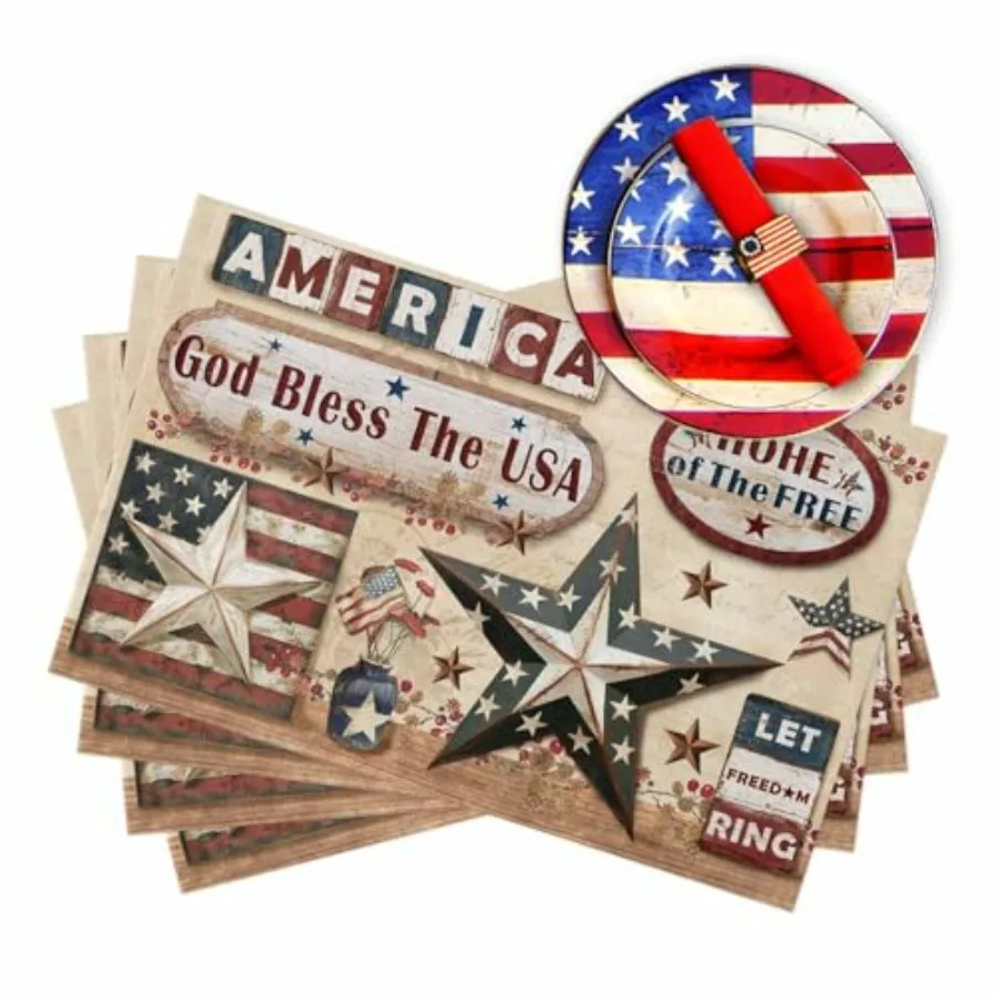 

4th of July Placemats Patriotic Star American Flag Dining Table Mats Country Style Independence Day Washable Kitchen Dining Dec
