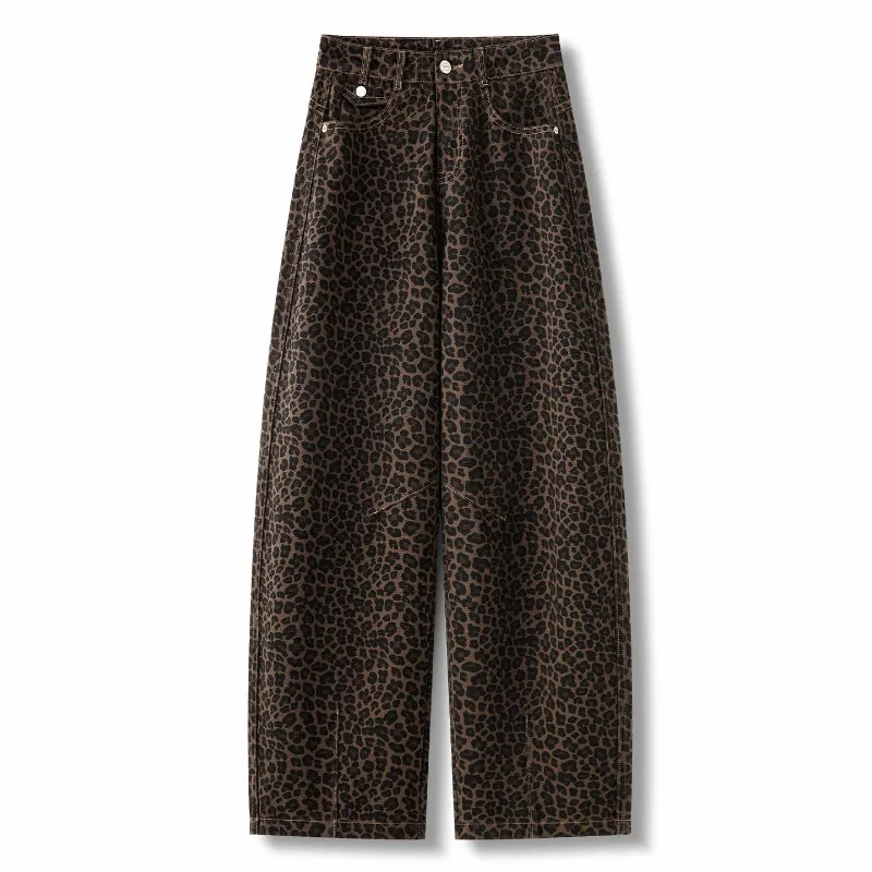 2026 High-quality Leopard Jeans Women Washed Denim Straight Trousers Spring Autumn High-waist Wide-leg Pants Casual Sickle Jeans