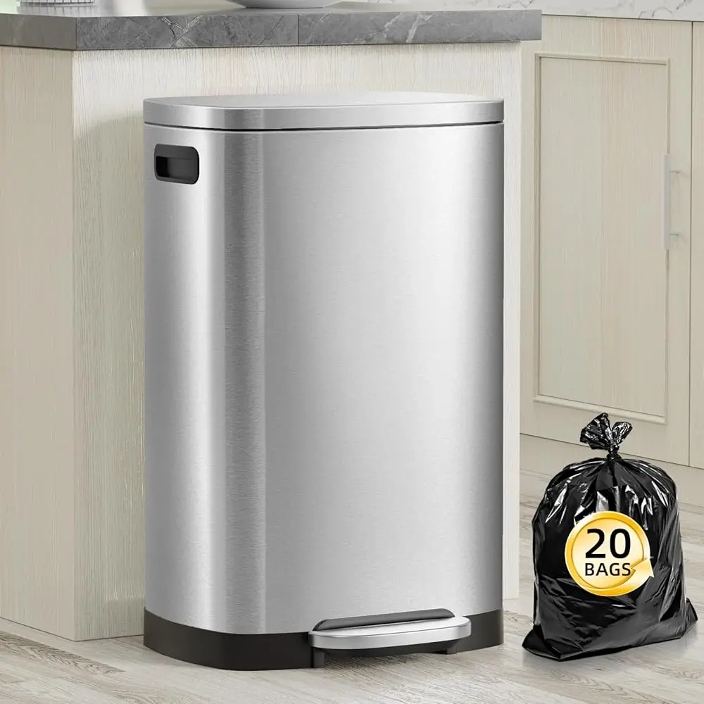 

13 Gallon Trash Can With Lid, 50L Fingerprint Proof Stainl Steel Kitchen Trash Can With Removable Inner Bucket And Lid Soft