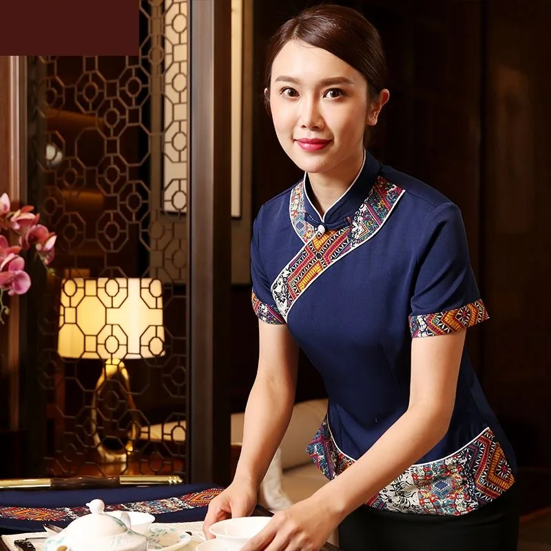 Customized DIY Waiter Work Wear Clothes Summer Short Sleeve Hotel Waitress Uniform High Quality Chinese Restaurant Shirt+Apron