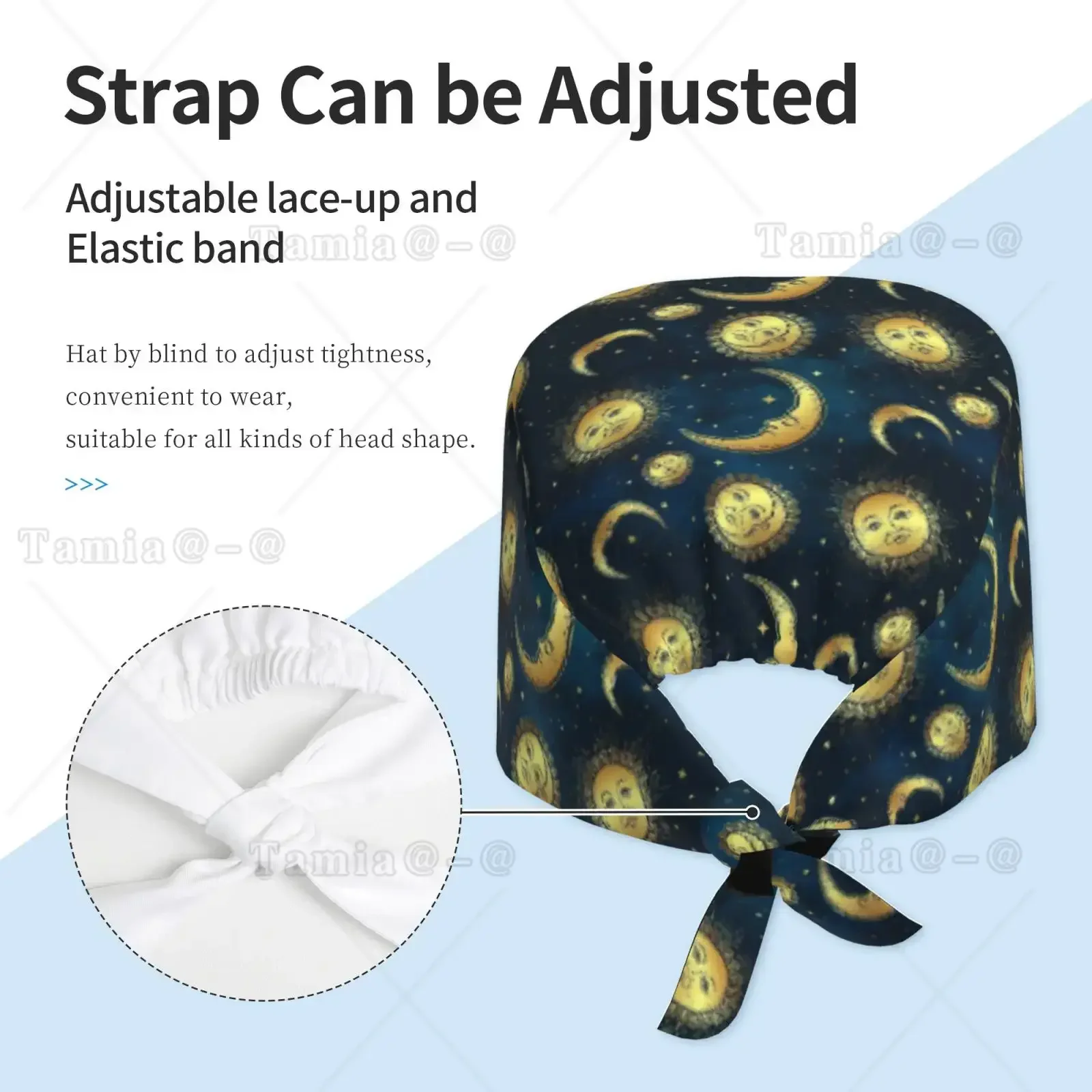 Golden Moon Sun Face Working Cap for Women with Sweatband Adjustable Unisex Tie Back Hat Nurse Caps