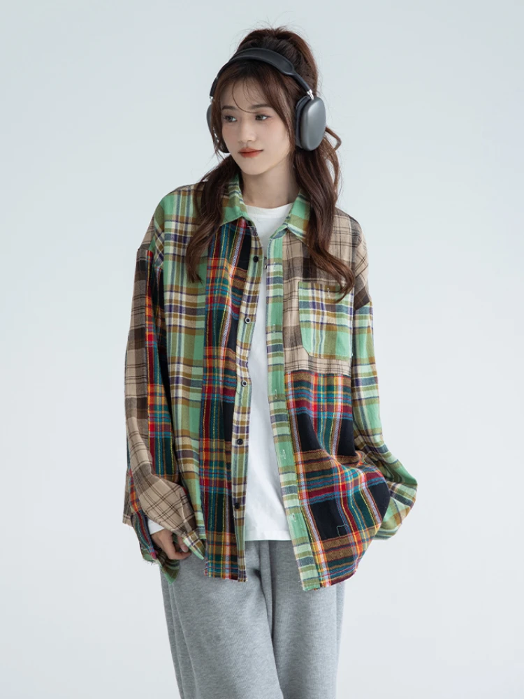 Plaid Shirts Women Asymmetrical Korean Style Leisure Loose Daily Colorful Streetwear Spring Elegant Students Fashion Retro Soft