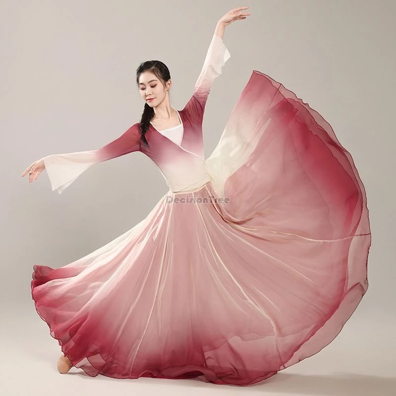 

2025 classical dance costume women's chiffon training performance suit set chinese national dance gradient color wide skirt set