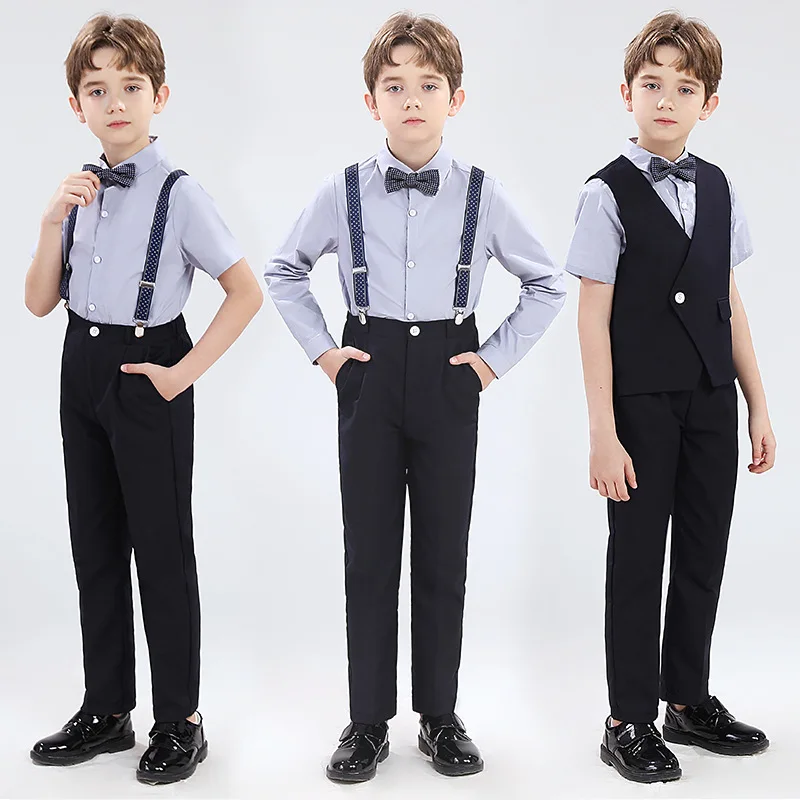 

Children Spring Summer Vest Shirt Pants Tie Photograph Suit Boys Formal Ceremony Tuxedo Dress Kids Wedding Performance Costume