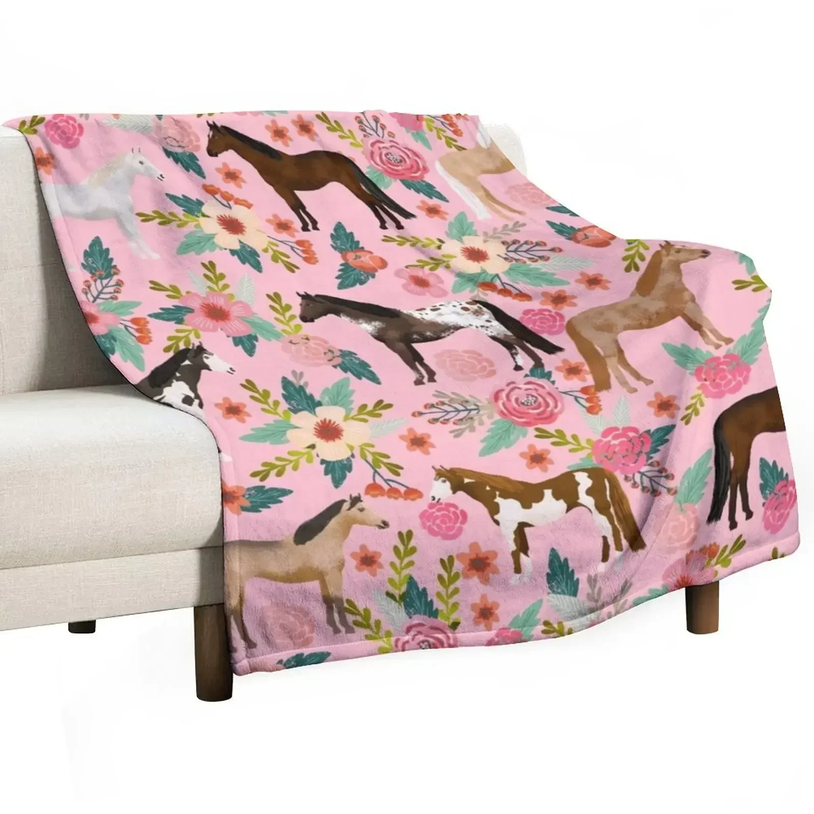 Horses floral horse breeds farm animal pets Throw Blanket Hairy Luxury Throw Furrys Blankets