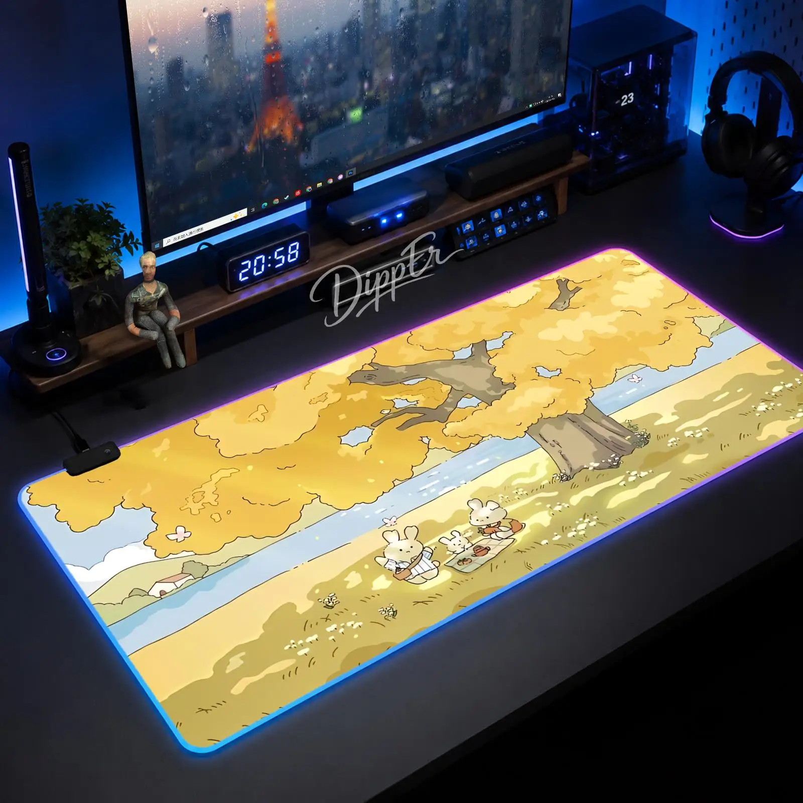 Alfombrilla de ratón A-Qute Anime de gran tamaño con LED, alfombrilla de mesa XXL para juegos, alfombrilla de goma antideslizante con retroiluminación