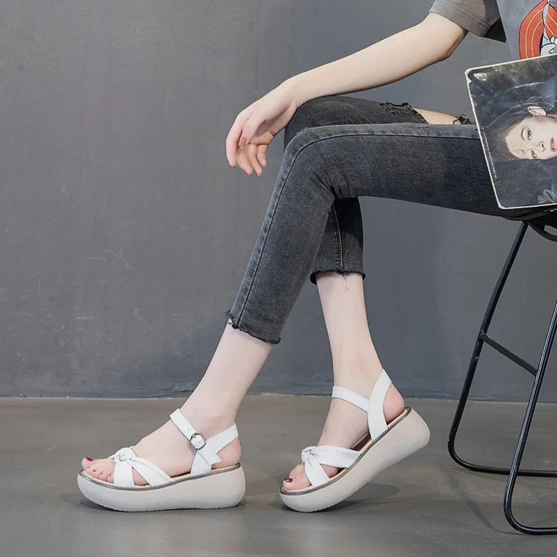 

2025 7cm Genuine leather Summer Open Toe Sandals Soft Genuine Leather Shoes Woman Platform Heel Shoe Heighten