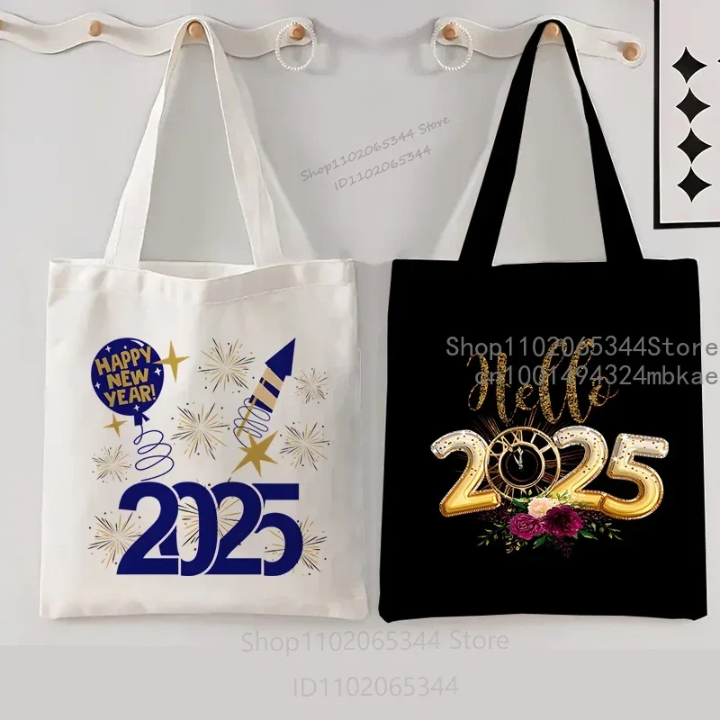 Hello 2025 Happy New Year Print Women Canvas Tote Bag Fashion Designer Unisex Casual Handbag Teen Reusable Shopping Shoulder Bag