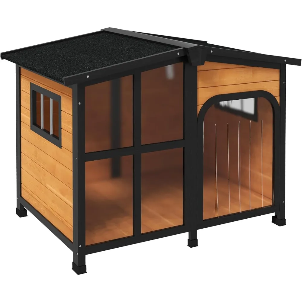 

Outside Cabin-Style Wooden Dog House for Large Dogs with Openable Roof & Giant Window, Outdoor & Indoor Big Dog Shelter,