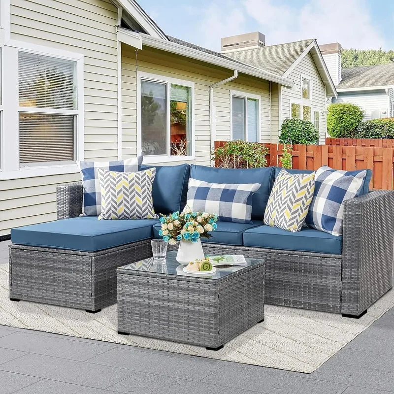 Patio Furniture Sets 3 Pieces Outdoor Sectional Sofa Silver All-Weather Rattan Wicker Sofa Small Patio Conversation Couch