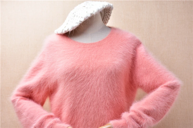 Ladies Women Autumn Winter Pink Hairy Angora Rabbit Hair Knitted Crop O-Neck Long Sleeves Slim Blouse Pullover Sweater Pull Top