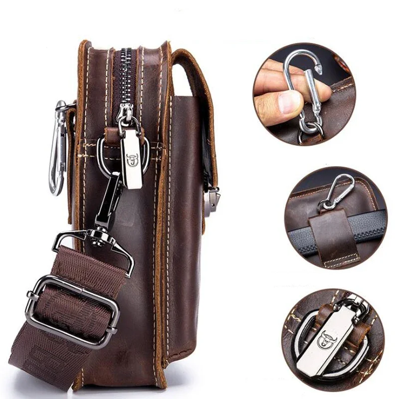 BULLCAPTAIN Crazy Horse Leather Male Waist Pack Phone Pouch Bags Waist Bag Men\'s Small Chest Shoulder Belt Bag Back Pack