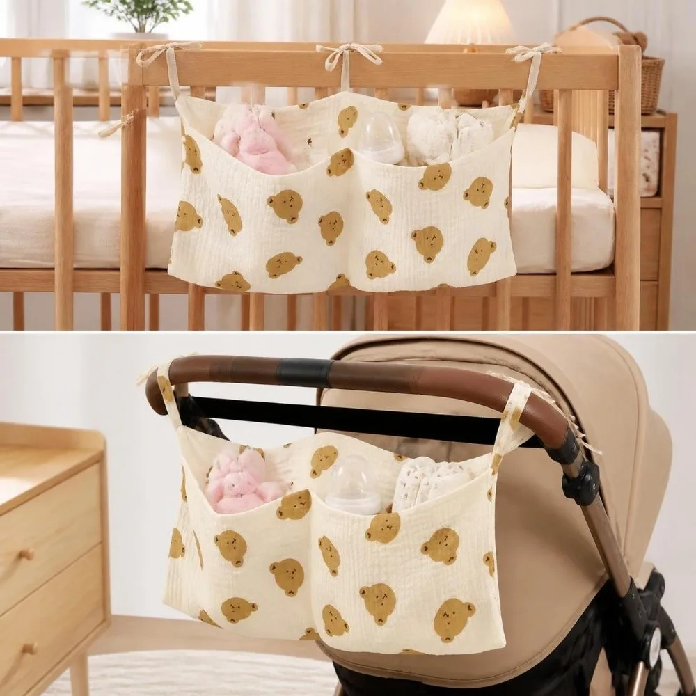 New 2 Pockets Crib Hanging Storage Bag Portable Folding Baby Bedside Bag Multi-Function Lightweight Cot Bed Bag Baby Newborn