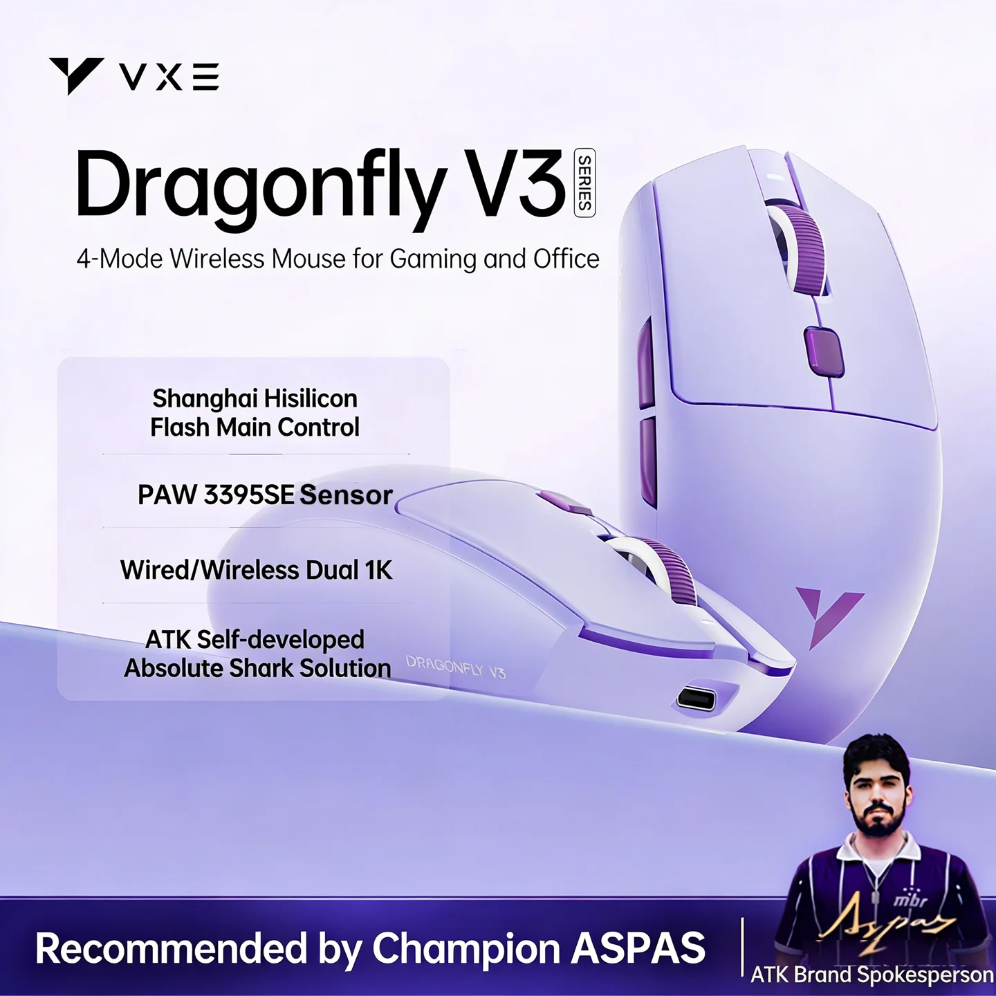 

Беспроводная игровая мышь ATK VXE Dragonfly V3 Pro, 4 режима, легкая, с сенсором PAW3395SE SmartSpeed, 300 мАч, для киберспорта и ПК-геймеров