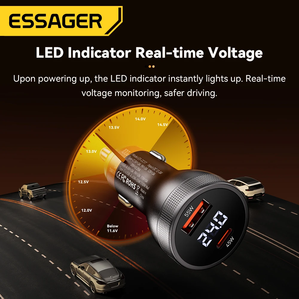Essager 100W USB C 차량용 충전기 PD3.0 iPhone 16 MacBook Xiaomi 노트북 디지털 디스플레이 용 고속 충전 빠른 충전 4.0 어댑터