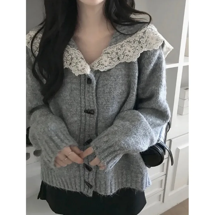 

Autumn Winter New Sle Women's Lace Trim Splicing Hooded Open Cardigan Button Pure Color Sweater Jaet Loose Fit Inner Wear