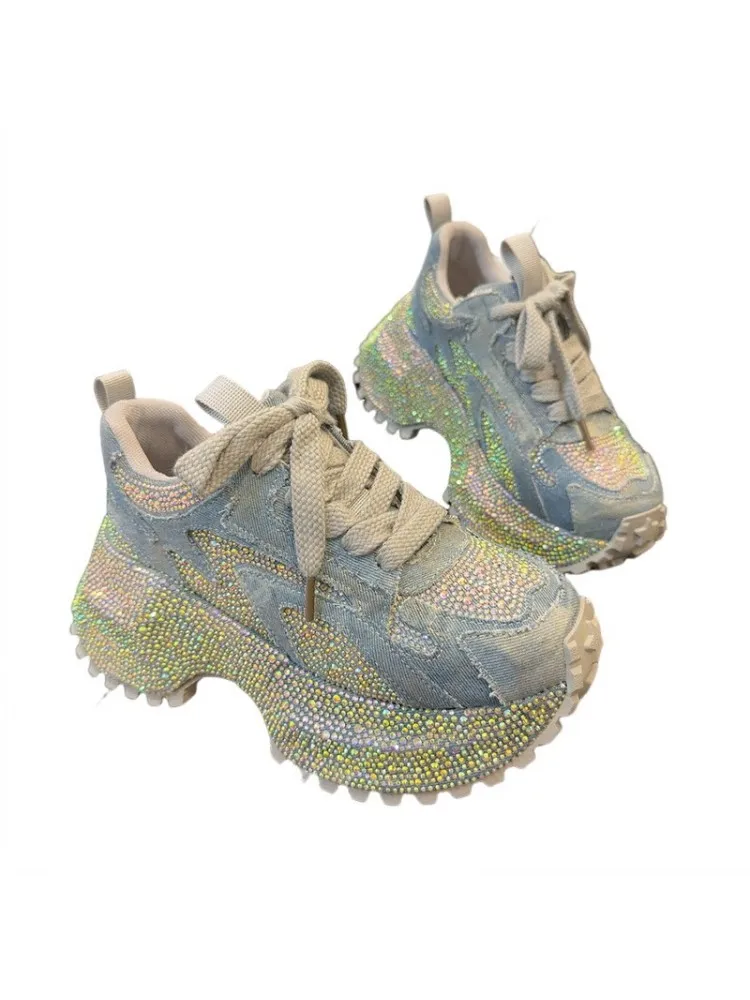 Comfortable Lady Sequin Diamond Lace Up Denim Spliced Mesh Height Increasing Thick Platform Pumps Casual Sneakers Fashion Shoes view 6