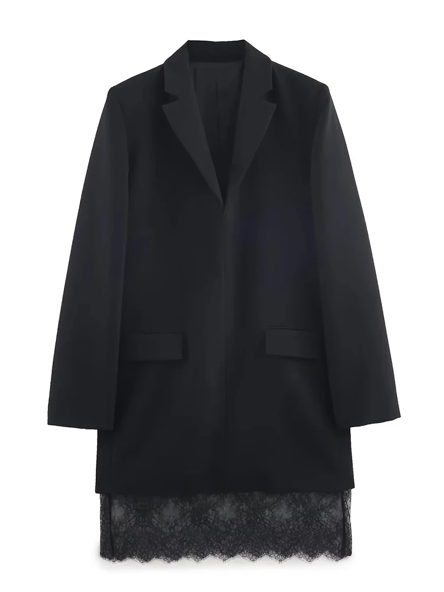 TWOTWINSTYLE Luźne, eleganckie marynarki damskie z koronkowymi wstawkami, klapy, długie rękawy, temperamentna marynarka damska, odzież jesienna, nowość