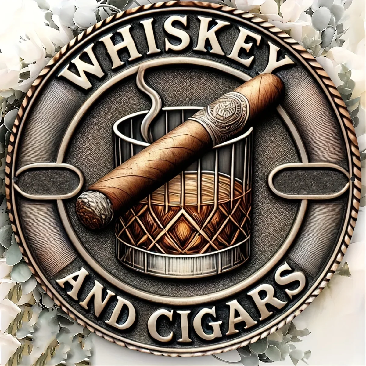 Vintage Retro Whiskey And Cigars Round Tin Sign, 3D Effect Embossed Whiskey Glass with Cigar Metal Wall Art, Rustic Man Cave Bar