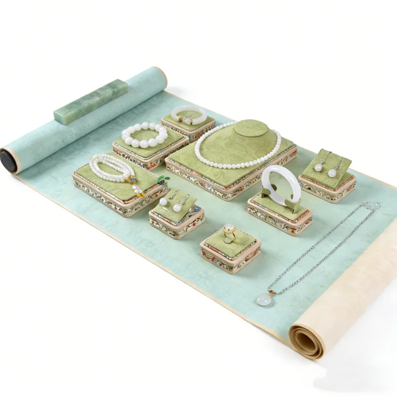 

Elegant Chinese Style Jewelry Tray, Matcha Velvet Ring Bracelet Jade Holder, Antique Gold Pendant Display Prop for Store