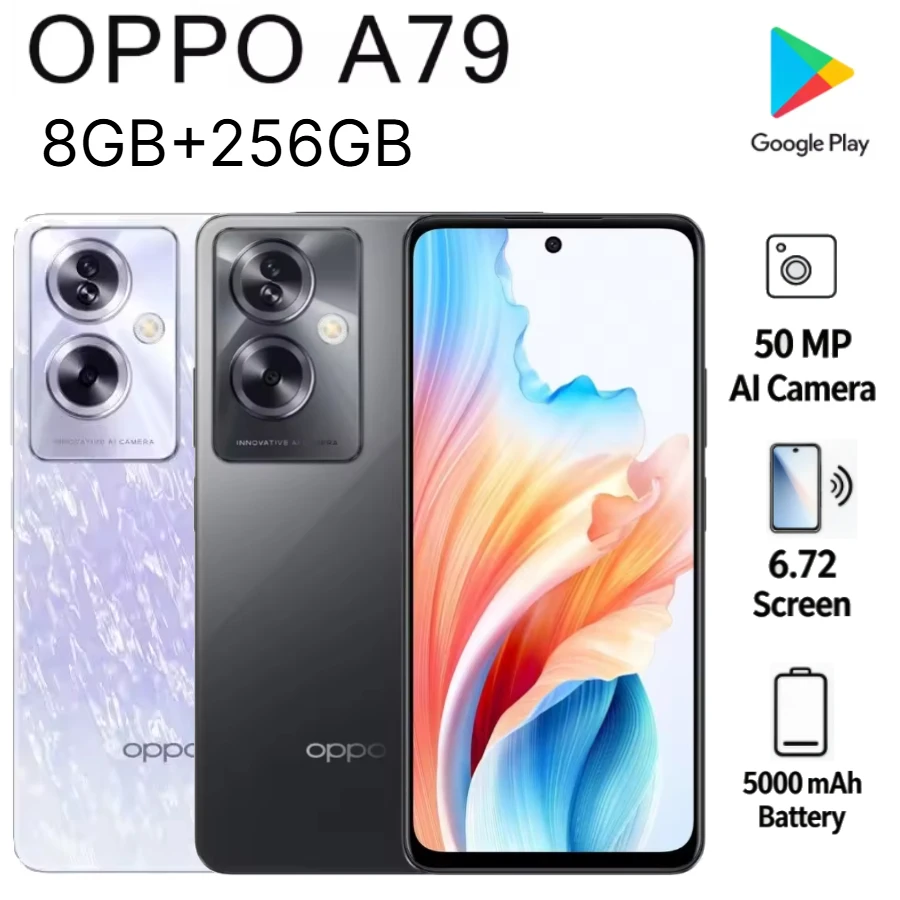 2026 new OPPO A79 Global Edition 6.72in 90Hz display 50MP camera 5000mAh battery 33W fast charge dual SIM 8GB+256GB storage