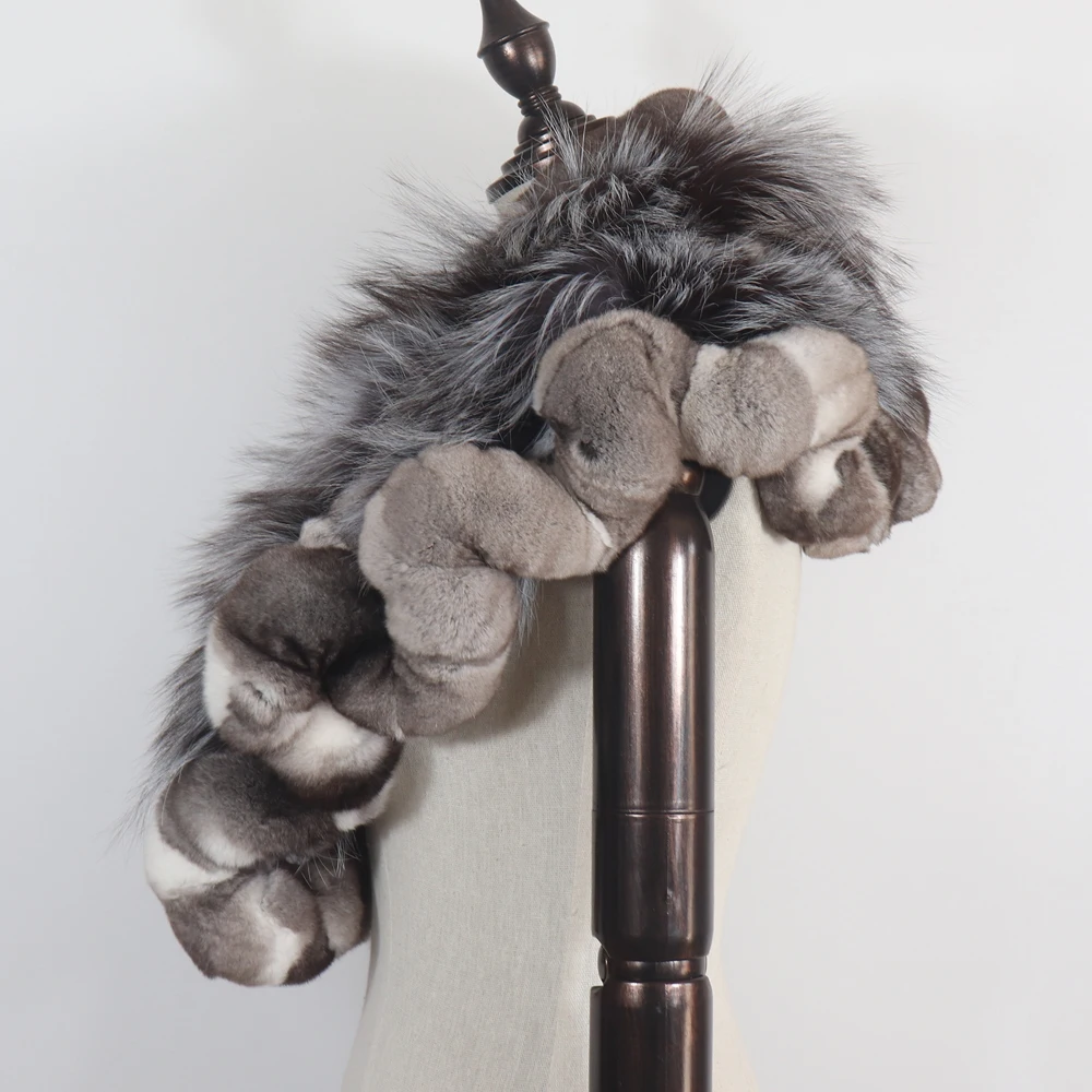 Neue warme, weiche Silberfuchs-Fellschals für Damen, Winter-Echt-Rex-Kaninchenfell-Schal, modischer Damen-Poncho aus 100% echtem Rex-Kaninchenfell. – Detail 8