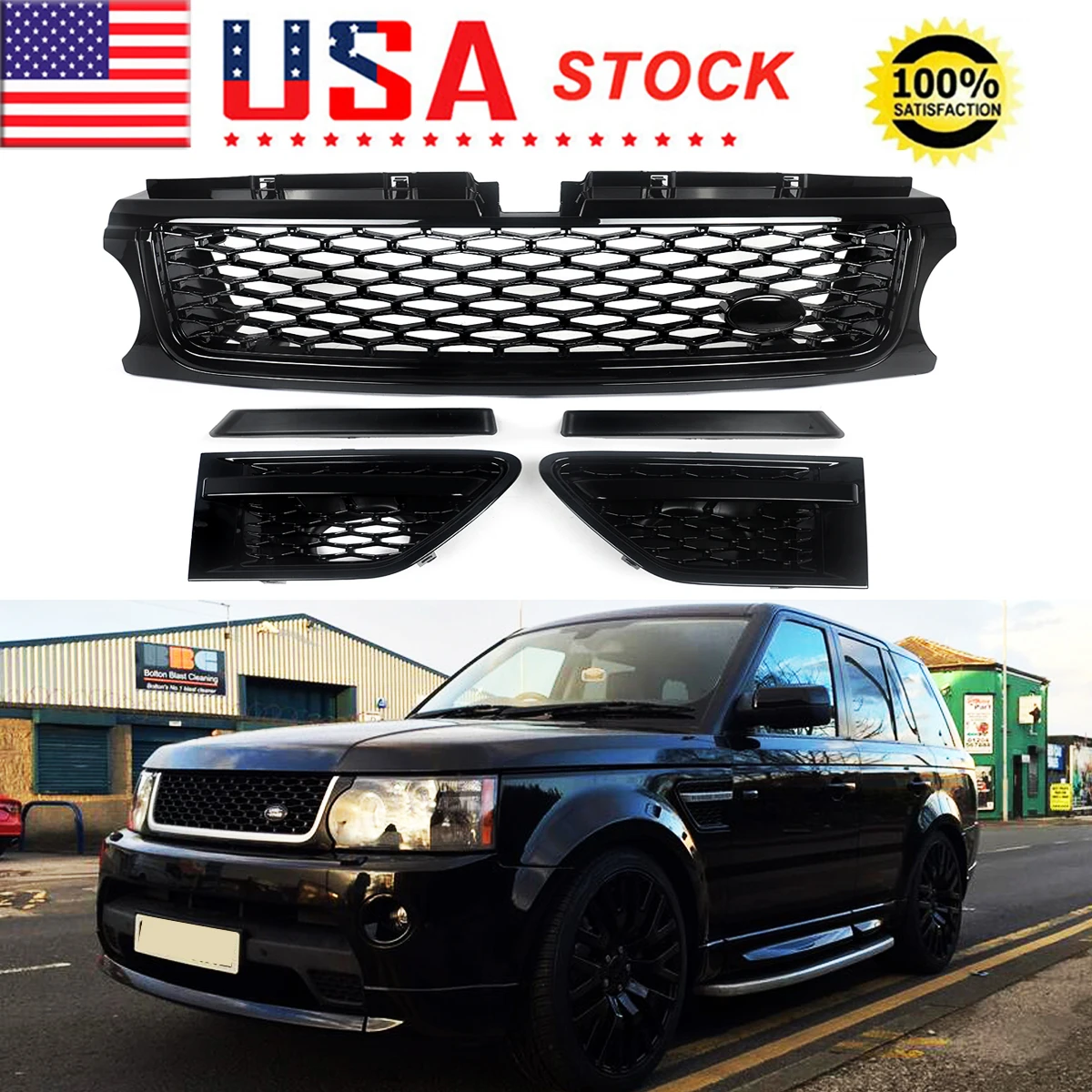 

Front Bumper Grille Air Side Fender Vents Assembly Compatible with Land Rover Range Rover Sport 2010-2013 Glossy Black Body Kit
