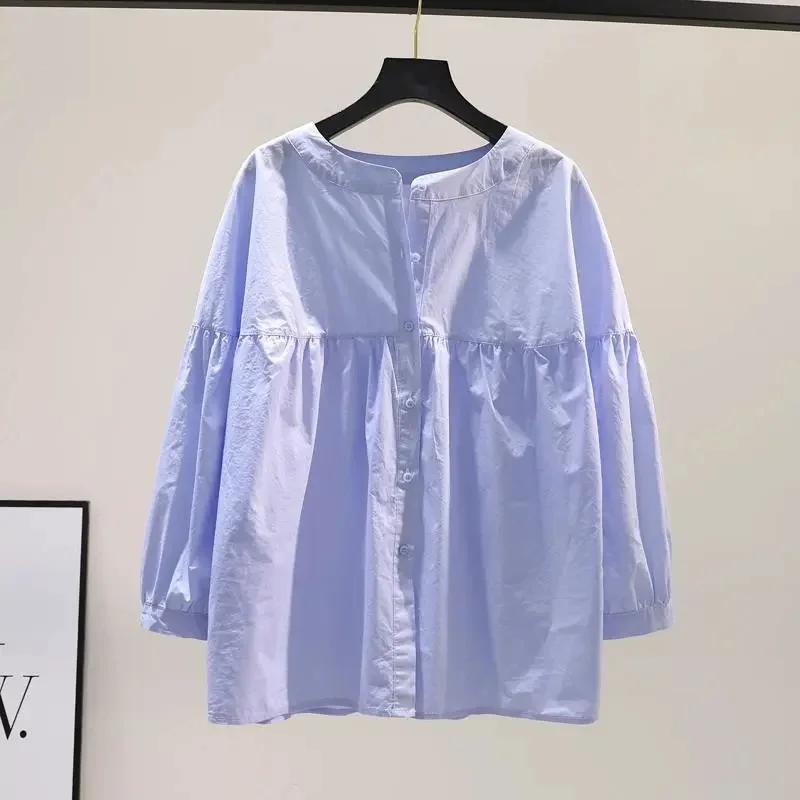 2025Summer New Tops Korean Version Fashion Casual Jackets Stand-UP Collar Shirts Women's Nine-Quarter Sleeve Lace Blouse