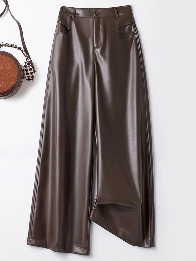 

Осень 2023, новые кожаные брюки для женщин, тонкие и широкие брюки с высокой талией, свободные модные повседневные прямые брюки