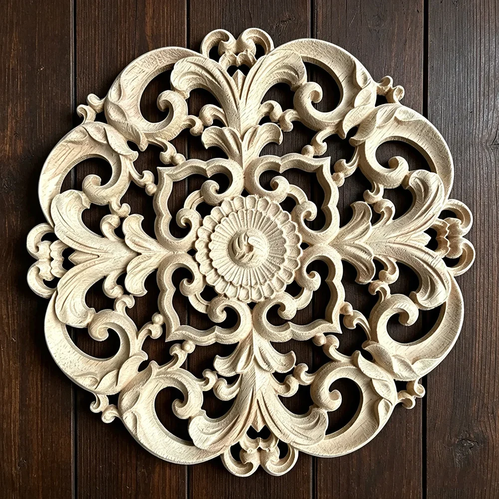 15-35cm Flower Carving Natural Wood Appliques for Furniture Cabinet Unpainted Wooden Mouldings Decal Decorative Figurine