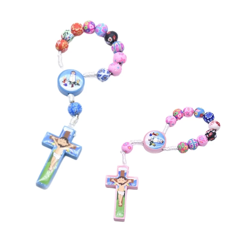 Colorful Soft Clay Prayer Beads for Kids Handmade Rosary Handchain Unisex Church Pendant Bangle Crucifix Bracelet 87HA