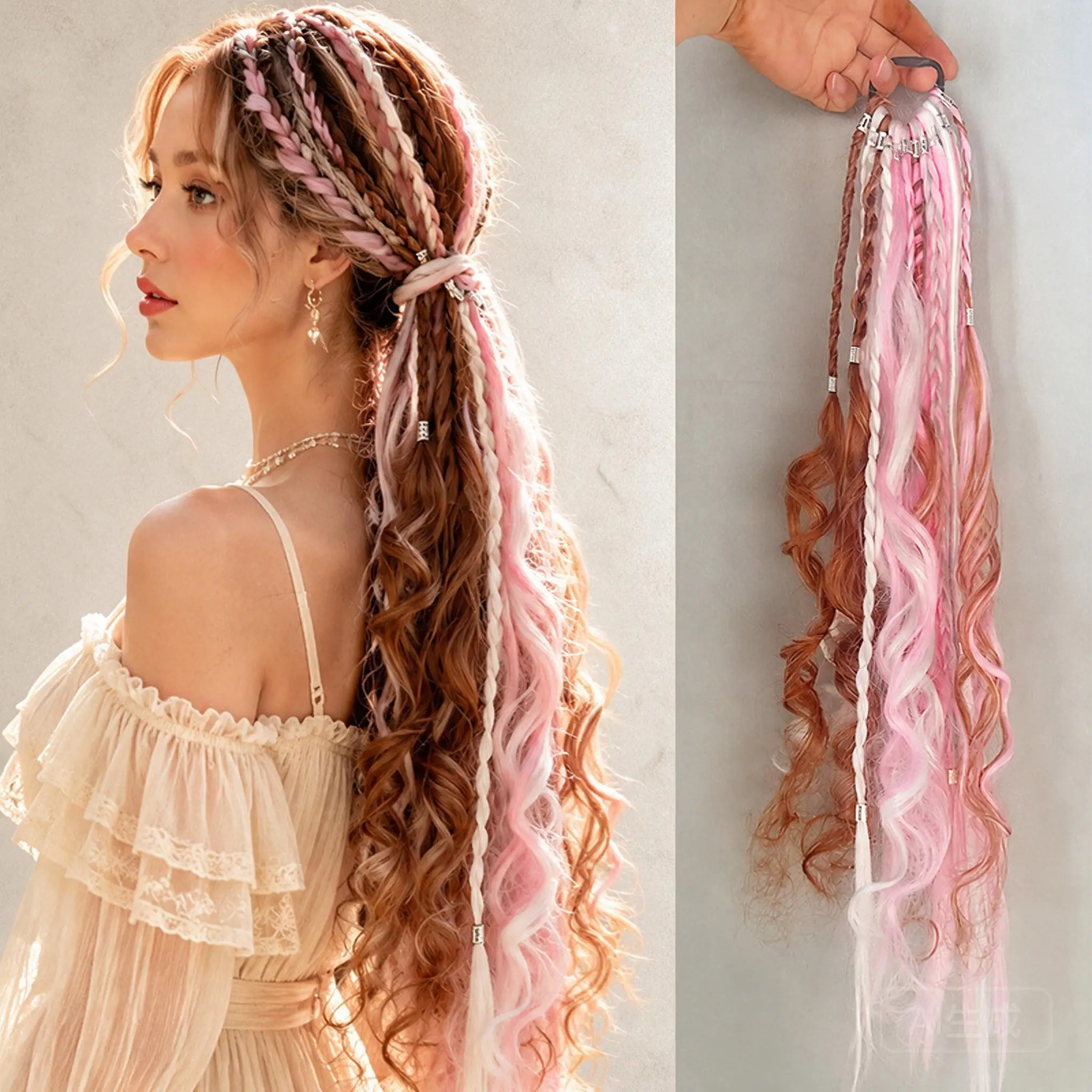 bohemian-handmade-braided-ponytail-for-women-high-temperature-synthetic-hair-pink-brown-wavy-drawstring-ponytail-for-daily-looks