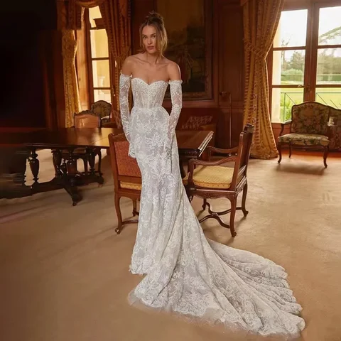 Customized Luxury Long Sleeves Wedding Dresses Off the Shoulder Lace Mermaid Sweetheart Bridal Gown vestidos de novias