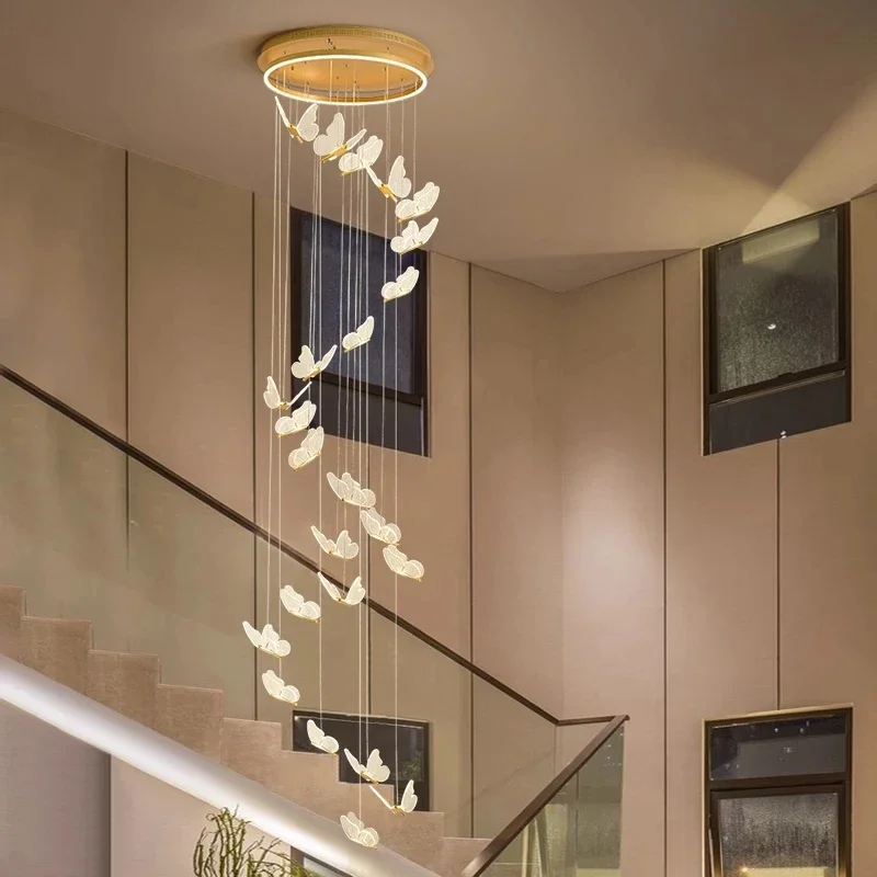 Chandelier For Ladder Revolving Staircase Butterfly Lighting For Stairs Loft Villa Duplex LED Chandelier For Living Room