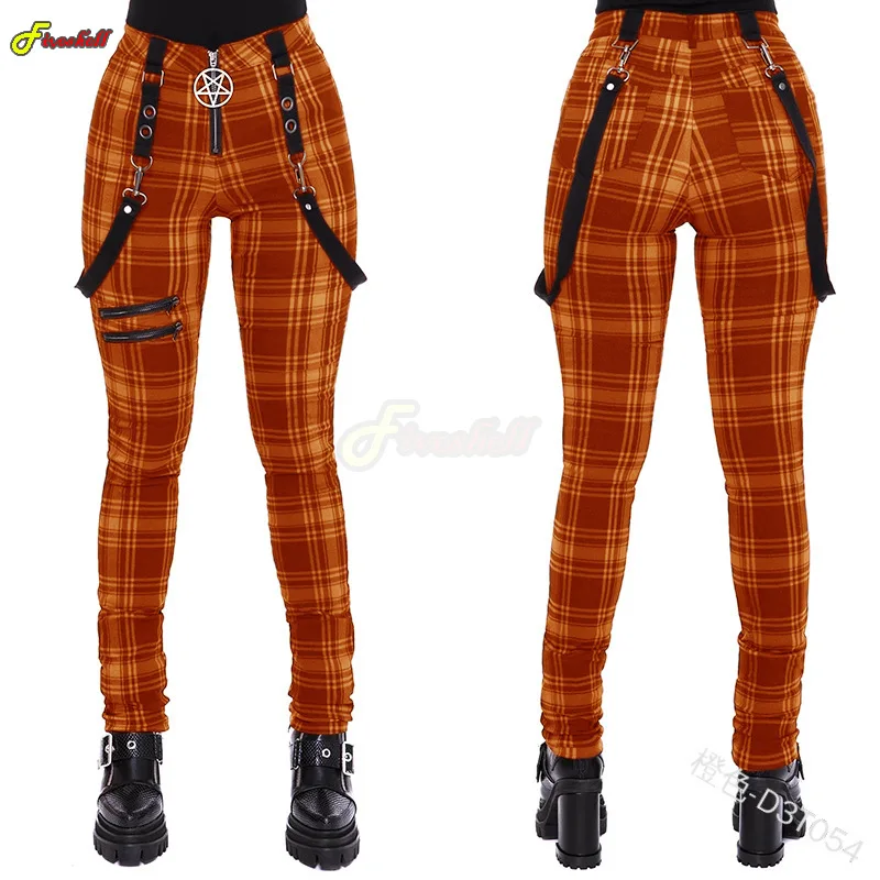 Pantalon à carreaux gothique taille haute pour femme, pantalon punk, streetwear médiéval, olympiques cosplay, fermeture éclair Y2k, pantalon long,