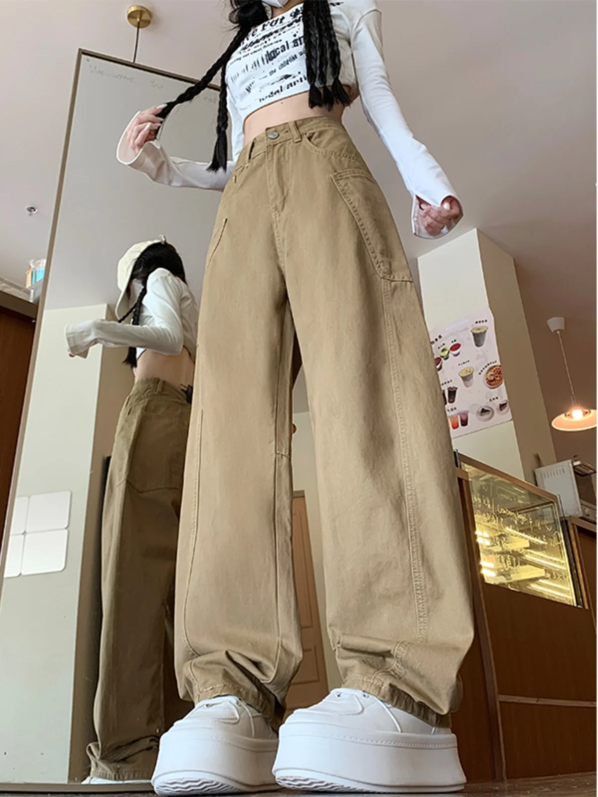 Khaki Arbeitskleidung Jeans Damen Hohe Taille Breites Bein Messerhose Herbst Neue Sle Pear Ape Abnehmen Europäische Größe Groß
