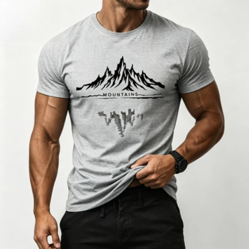 T-shirt col rond 100 % coton pour homme, imprimé montagnes et reflets aquatiques, manches courtes, décontracté, pour la randonnée en extérieur, haut basique