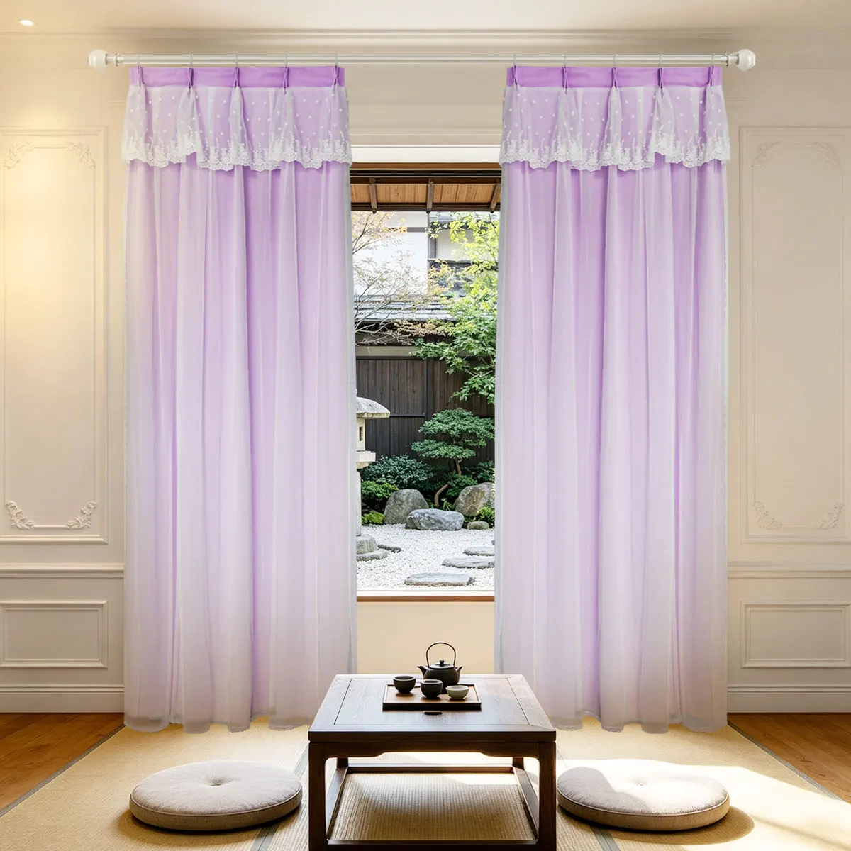 2pcs Light Purple Double Layer Fabric Sheer Curtains, Korean Princess Style, Lace Polka Dot Valance, Light Filtering Privacy