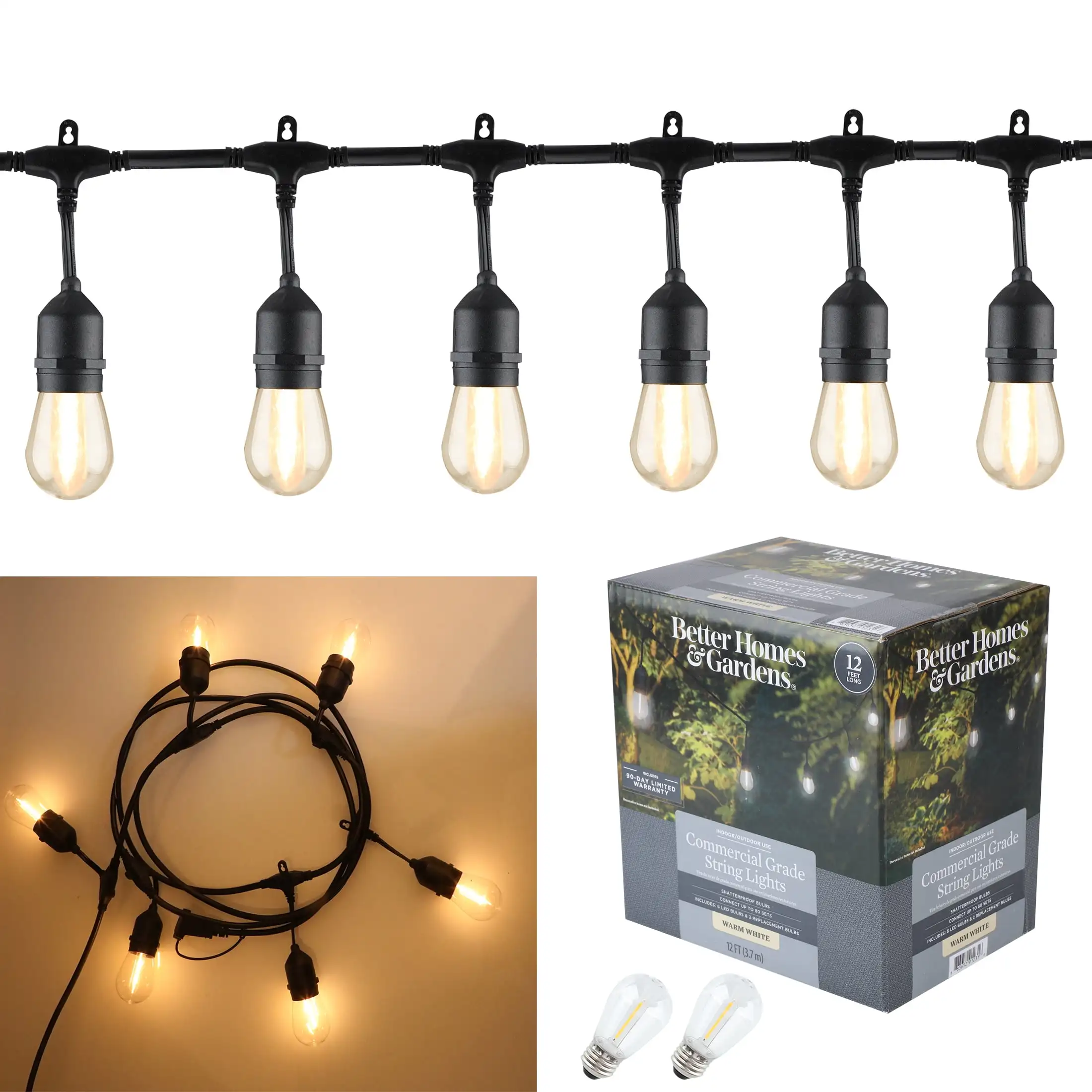 (Paquete de 2) Cadena de luces comerciales para exteriores de 12 pies, 6 bombillas LED inastillables, enchufables, resistentes a la intemperie