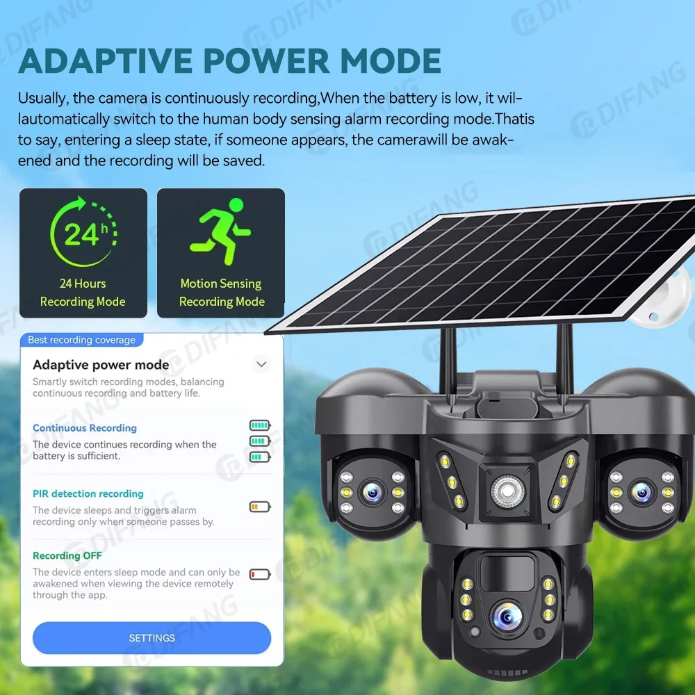 كاميرا DIFANG Solar & 4G PTZ، شاشة 8K 15MP 3 شاشات، 360 درجة ° عرض، تكبير 10X، لا حاجة إلى WiFi، CCTV للأمن الخارجي المقاوم للماء #5
