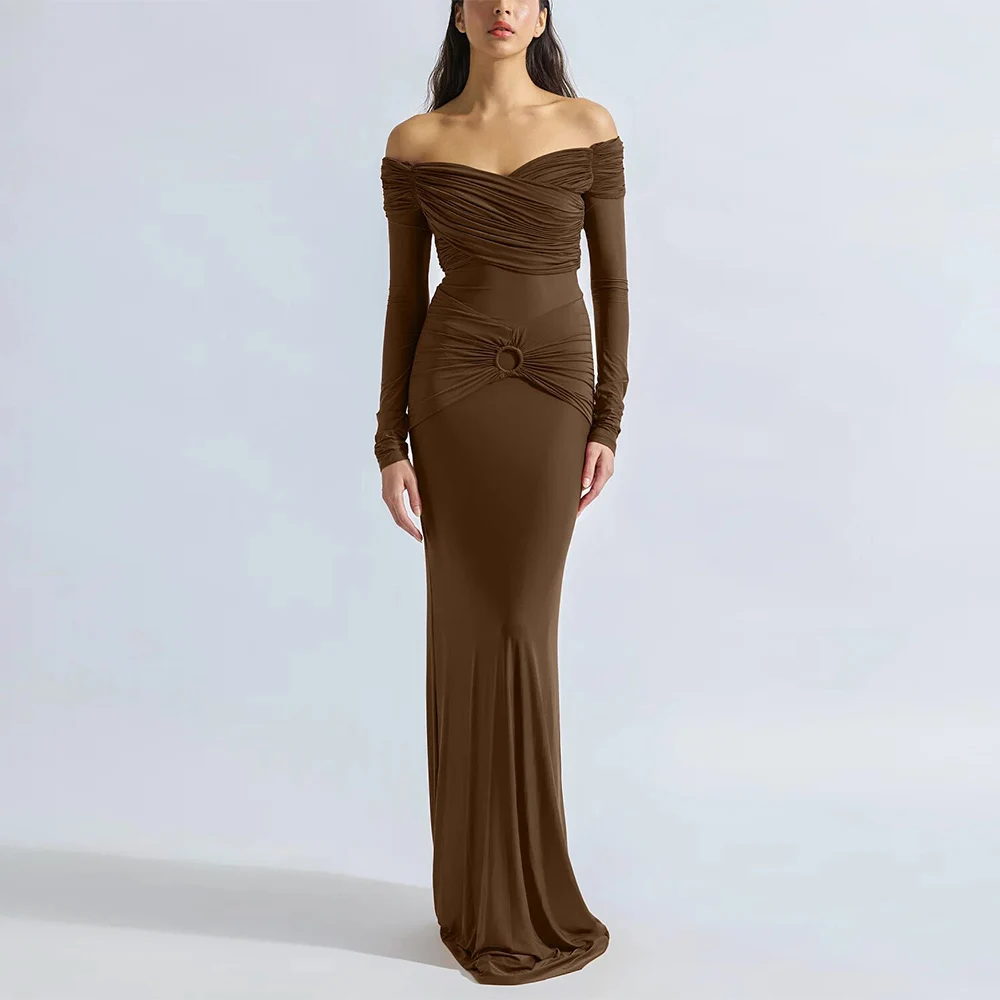 Elegant Saudi Brown Ceremony Dresses Spandex Sheath/Column Clubbing Dress Pleat Off-the-shoulder Modern Party Gown Long 2024