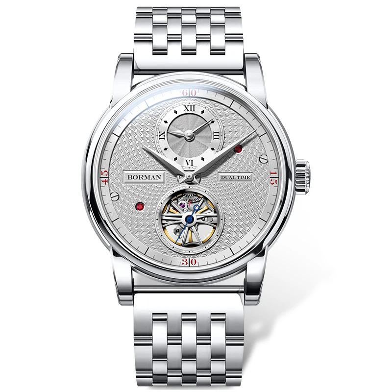 

Мужские автоматические часы BORMAN, 42 мм, механические наручные часы, 50 м, водонепроницаемые, с сапфировым стеклом, двойной часовой пояс, скелетонизированный циферблат