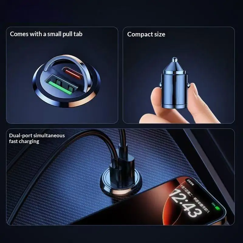[MS]1Pcs Fast Charging 240W Dual Port Mini Car Charger For Phone QC3.0 Mini PD USB Type C Car Mobile Phone Charger