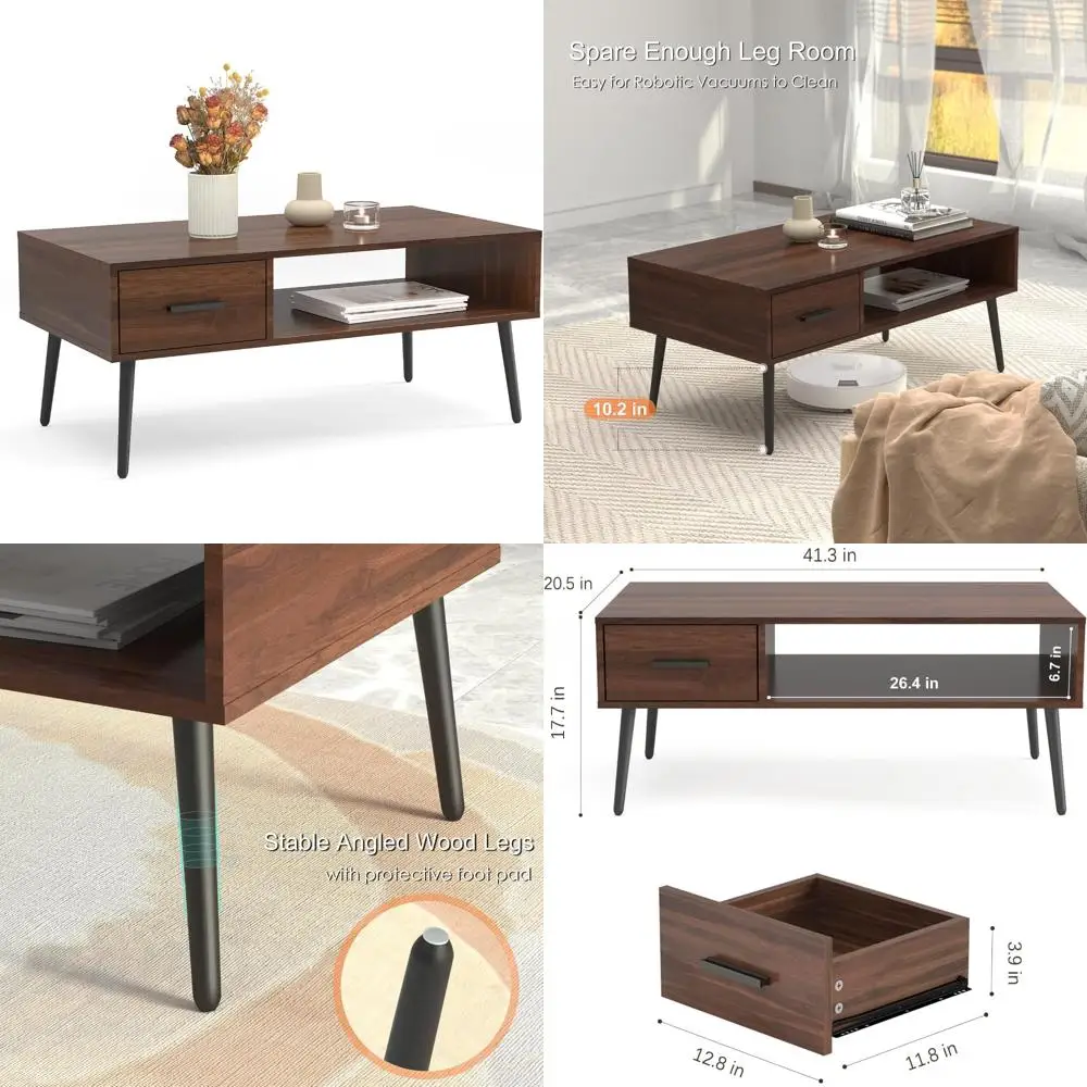 

Mid-Century Modern Walnut Coffee Table with Storage for Living Room, Drawer and Open Shelf